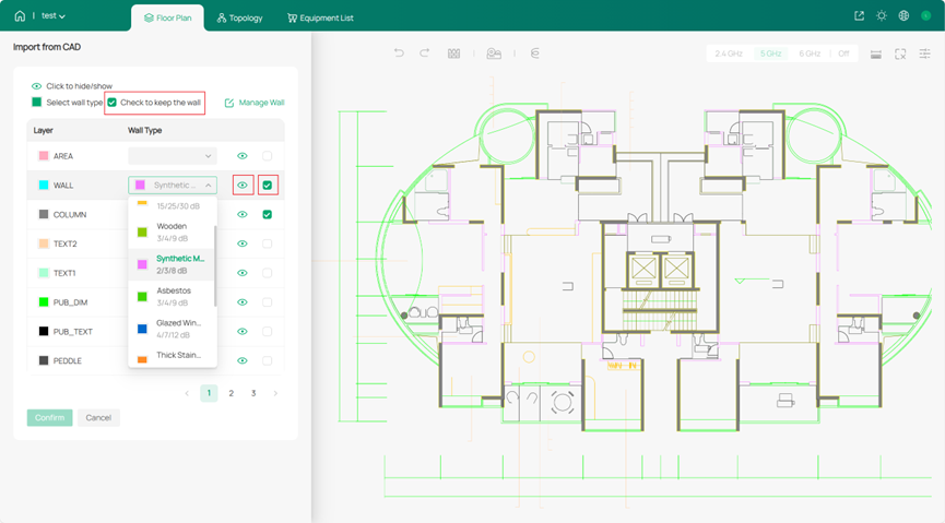 Edit the wall structure after importing the DXF file.