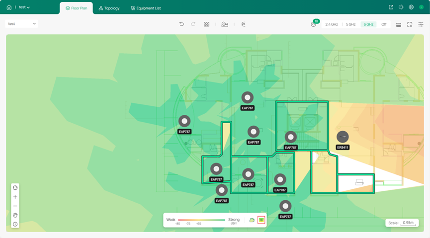 Check the signal strength across the entire floor plan.