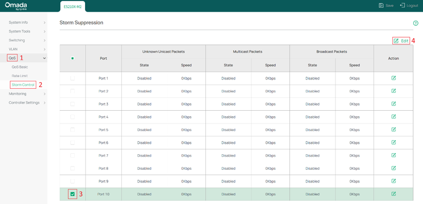 Select the ports that require Storm Control configuration for batch setup.