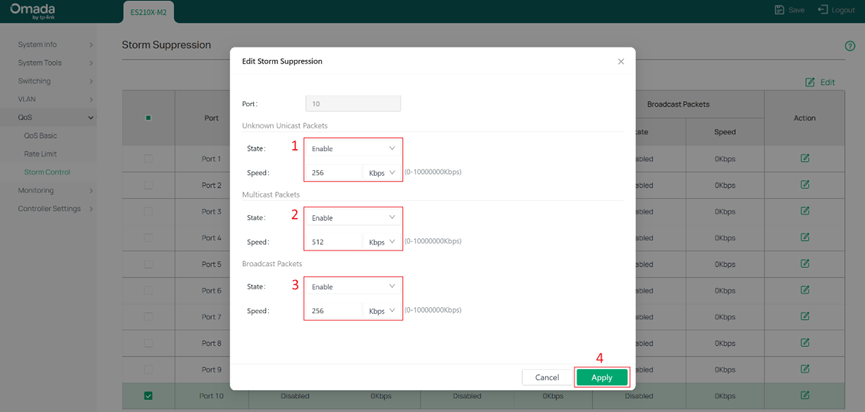 Specify rate limits for Unknown Unicast, Multicast, and Broadcast packets, respectively.