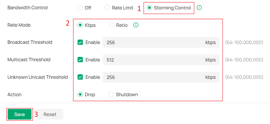 Enable Storm Control and set rate limits for Unknown Unicast, Multicast, and Broadcast packets.