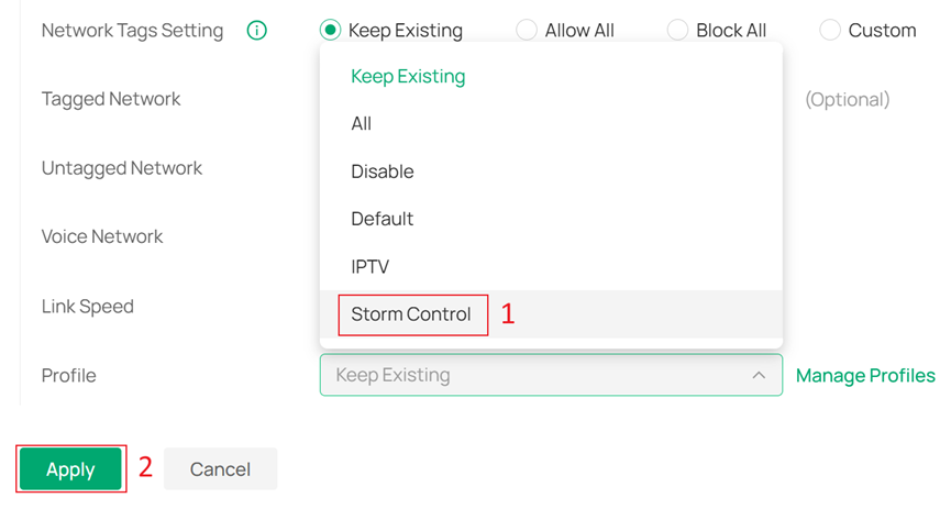Assign the created Storm Control Profile to the selected ports.