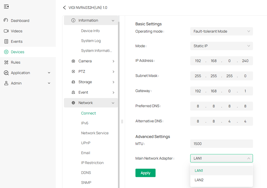 Select the Fault-tolerant operating mode and configure the network parameters.