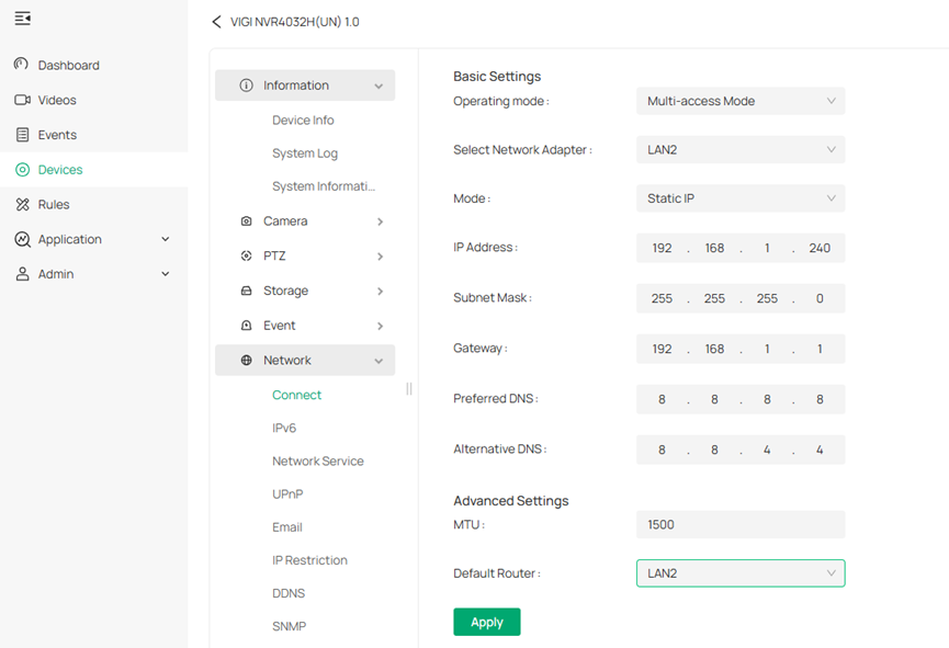 Select the Multi-access operating mode and configure the network parameters for LAN2.