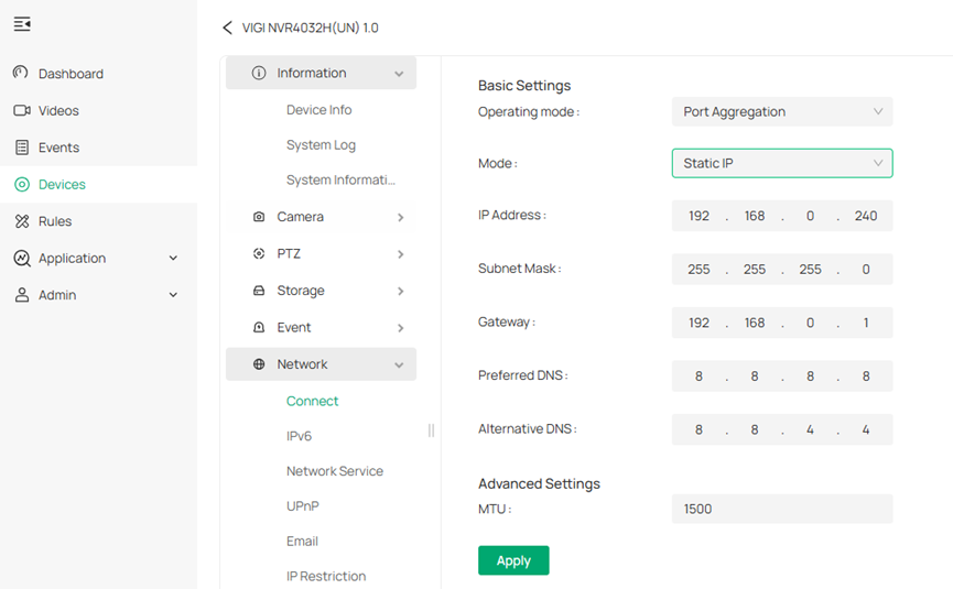 Select the Port Aggregation operating mode and configure the network parameters.