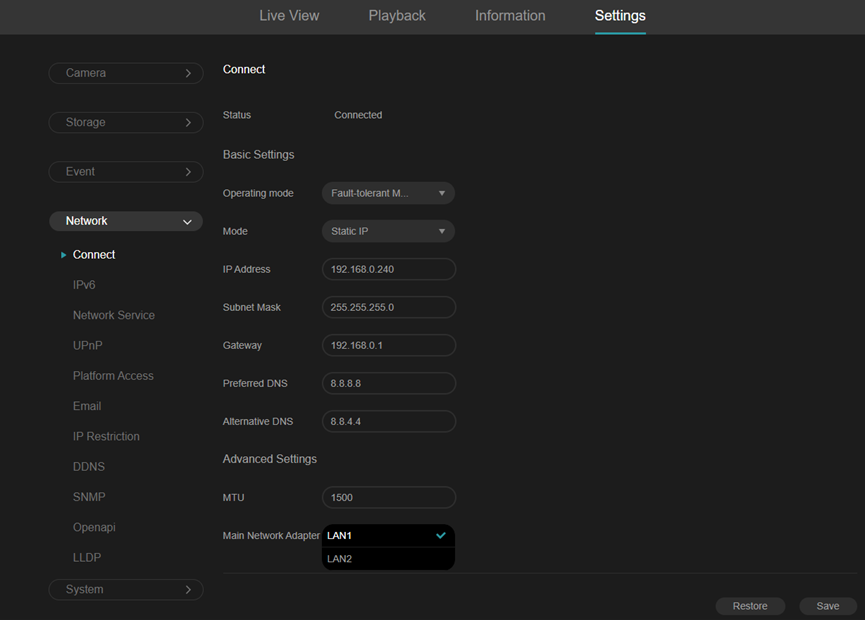 Select the Fault-tolerant operating mode and configure the network parameters.