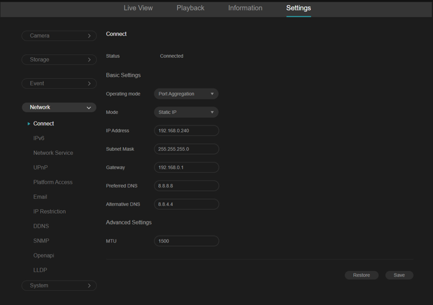 Select the Port Aggregation operating mode and configure the network parameters.