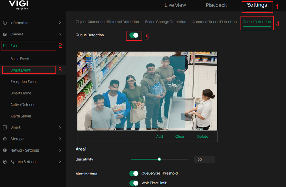 Shows navigation steps to set up Queue Detection.