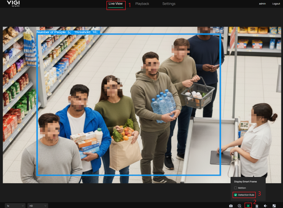 Shows navigation steps and live view example of Queue Detection.