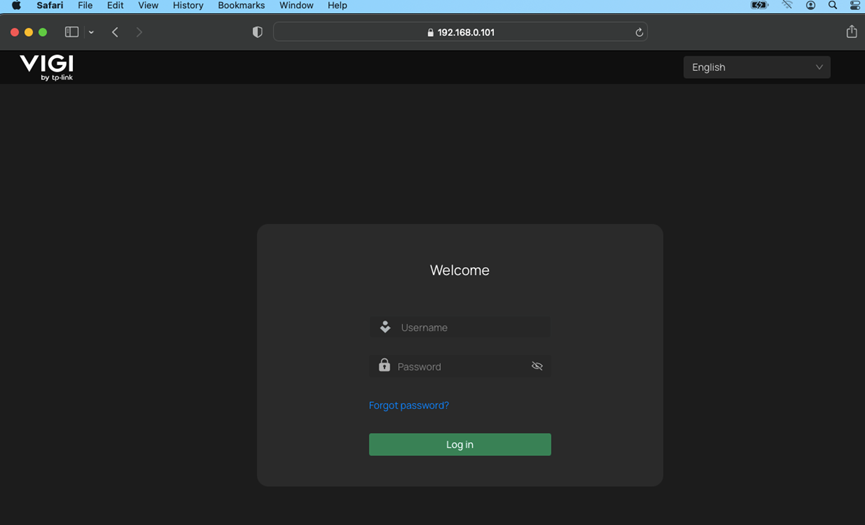 The device login screen on Safari.