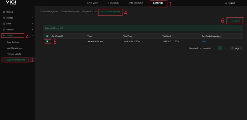 The certificate management interface within a VIGI IP Camera.