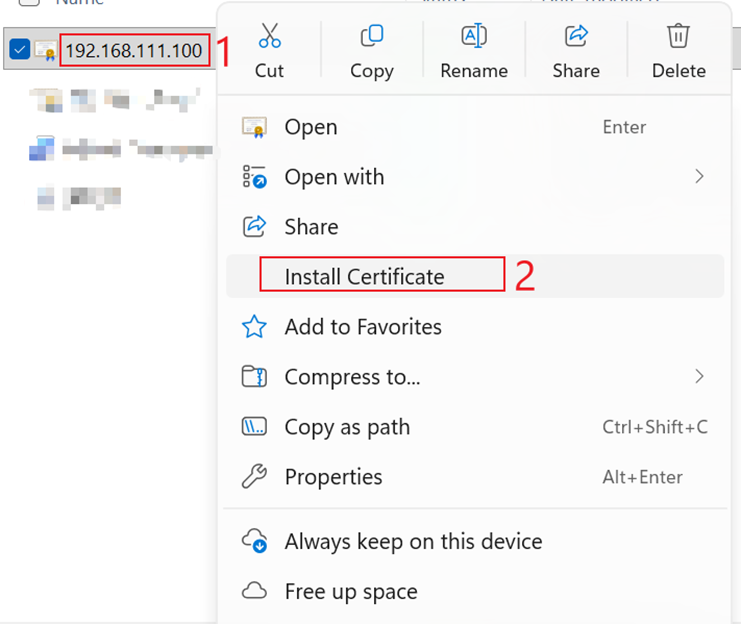 Installing the created certificate onto a Windows 11 computer.