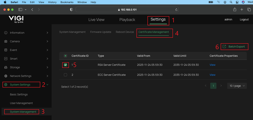 The certificate management interface within a VIGI IP Camera.