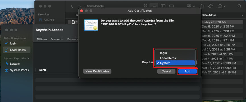 Choosing the keychain to add the certificate.