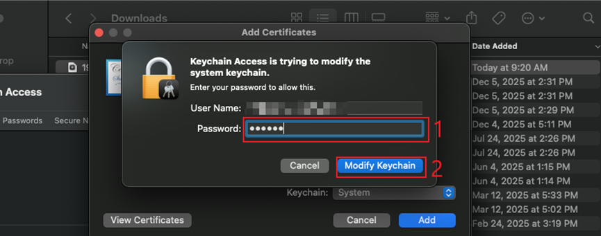 Keychain prompting the user to enter their password to confirm Keychain Modification.