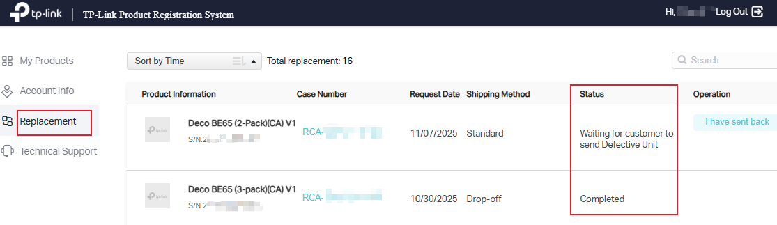Replacement list showing the status of the replacement.