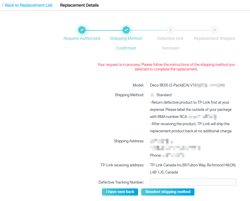 Web screen shows the details of a replacement case and its status in the replacement process.