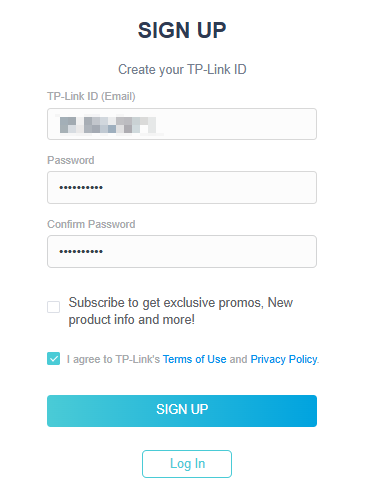 Web screen showing the details for SIGN UP.