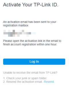 Web screen with TP-Link ID activation instructions during the sign up process.