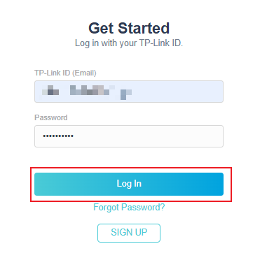 Web screen showing the button for Log in.