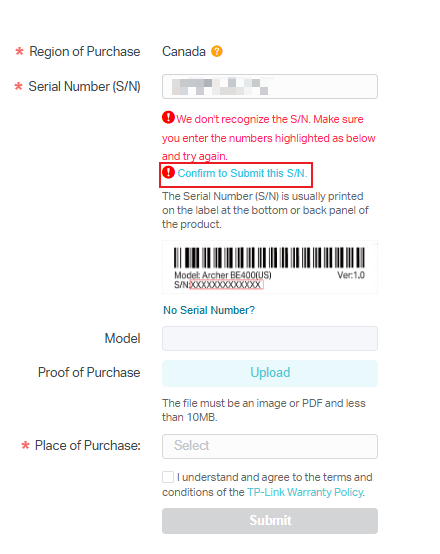Locate the option for Confirm to Submit this S/N in the product registration process.