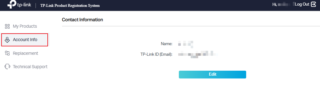 Web screen displaying the Account Info in the left sidebar.