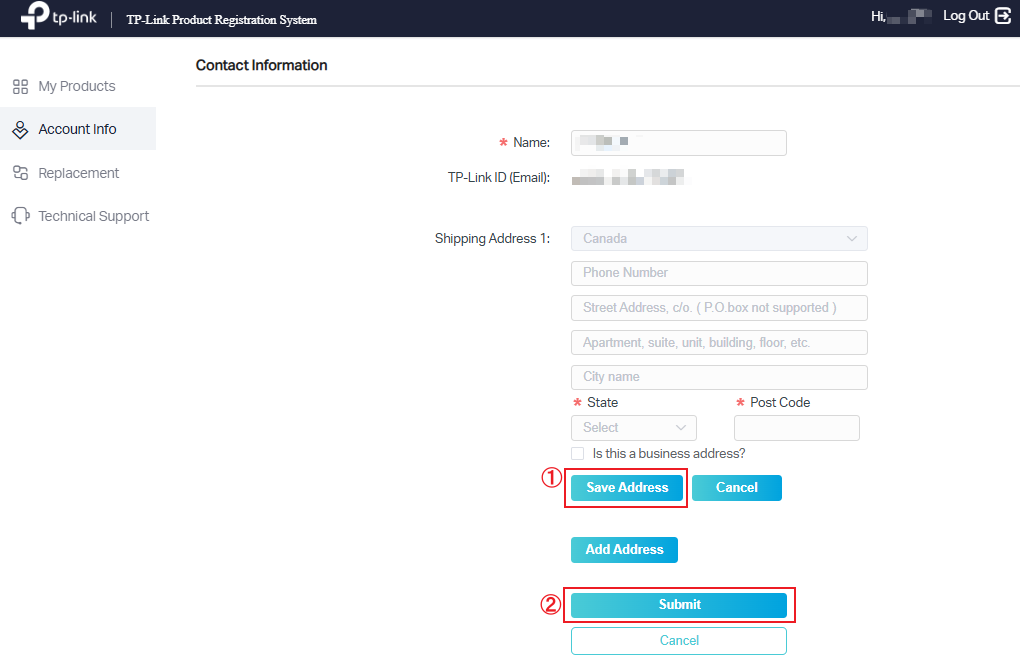 Web screen displays the Save Address and Submit buttons when adding a shipping address. It prompts the user to click the Save Address button first, followed by the Submit button.