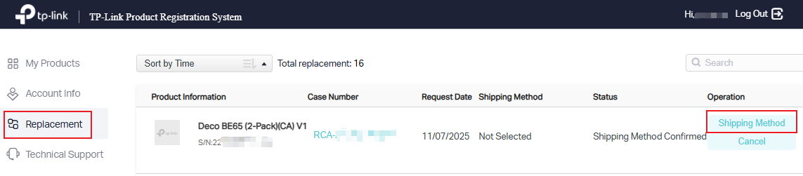 The Replacement list, showing the status of the replacements and the actions that need to be taken.