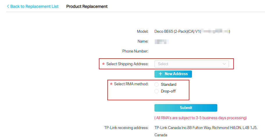 Web screen displays the options for selecting the shipping address and RMA method.