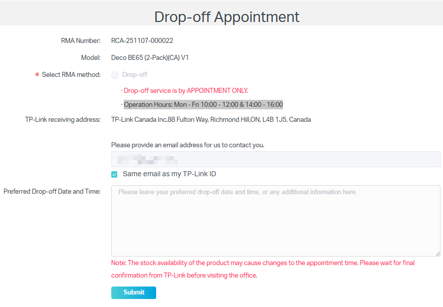 The drop-off appointment page, showing the position of entering the preferred drop-off date and time.