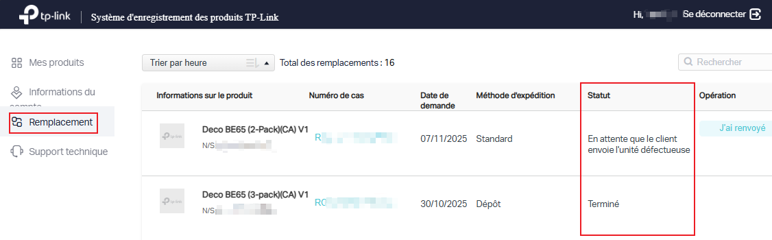 Liste de remplacements affichant l’état du remplacement.