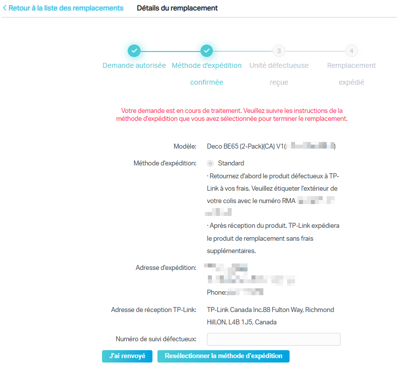Écran Web montrant les détails d’un dossier de remplacement et les étapes de son traitement.