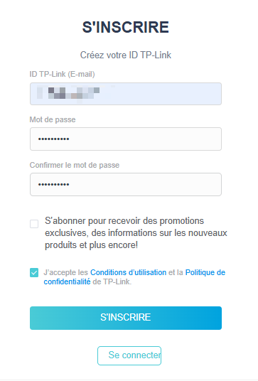 Écran Web montrant les informations pour l’inscription.