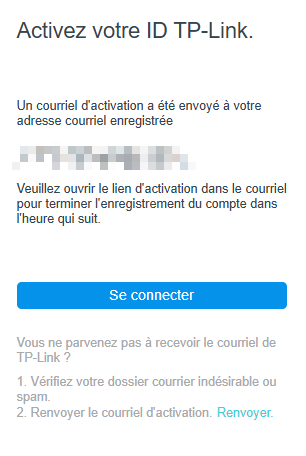Écran Web montrant les instructions d’activation du TP-Link ID .
