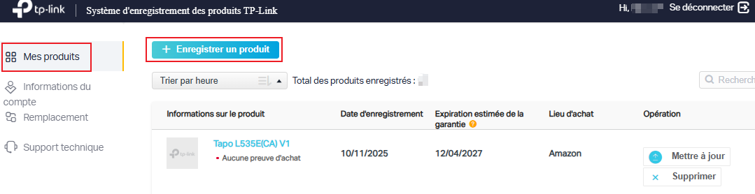 Écran Web affichant le bouton « Enregistrer un produit » en haut à gauche.
