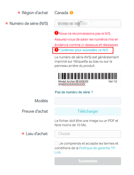 Localiser l’option « Confirmer l’envoi de ce S/N » dans le processus d’enregistrement.