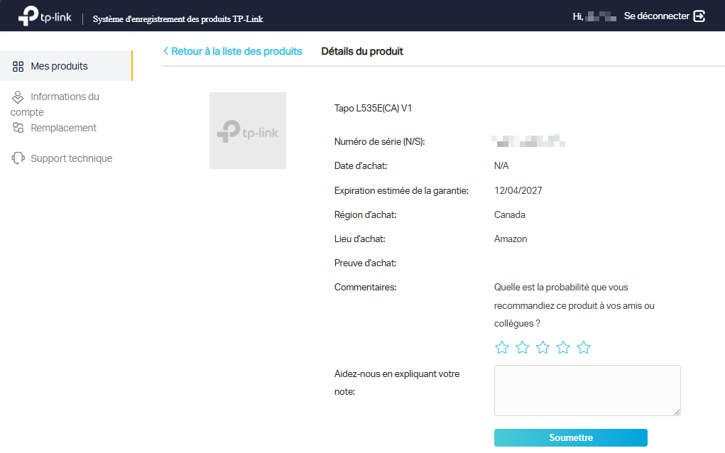 Écran Web affichant les détails du produit.
