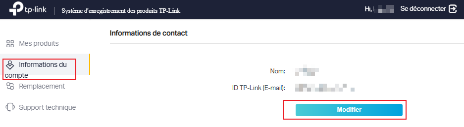 L’écran web affiche les informations du compte dans la barre latérale gauche.
