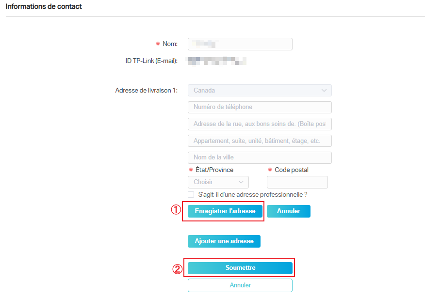 L’écran Web affiche les boutons Enregistrer l’adresse et Soumettre lors de l’ajout d’une adresse de livraison. Il invite l’utilisateur à cliquer d’abord sur le bouton Enregistrer l’adresse, puis sur le bouton Soumettre.