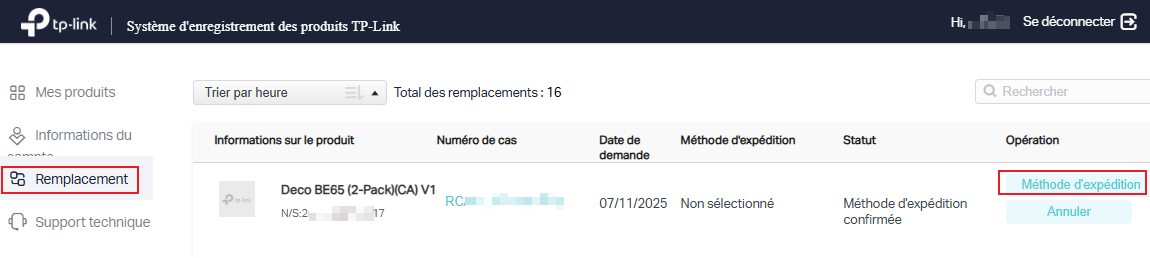 La liste des remplacements, affichant l’état des remplacements ainsi que les actions à effectuer.