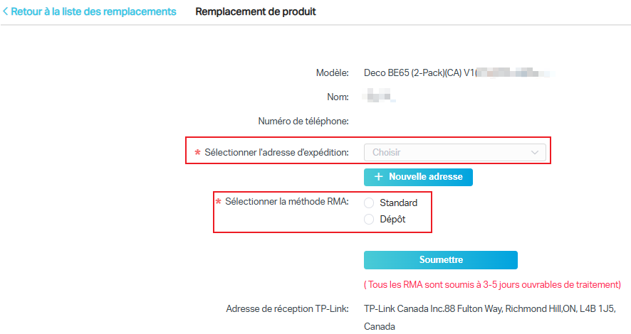 L’écran web affiche les options pour sélectionner l’adresse de livraison et la méthode RMA.