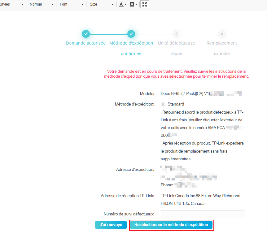 L’écran web affiche les détails du remplacement ainsi que l’option de re-sélectionner la méthode d’expédition.