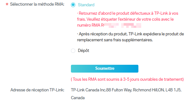 Écran Web affichant l’option Standard est sélectionnée.