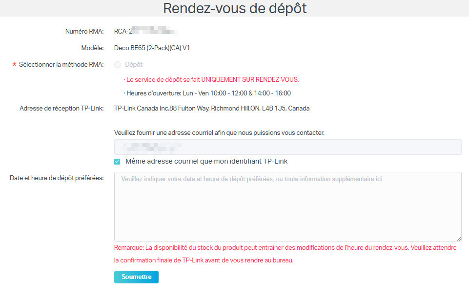 La page de rendez-vous pour le dépôt, montrant l’emplacement où saisir la date et l’heure de dépôt souhaitées.