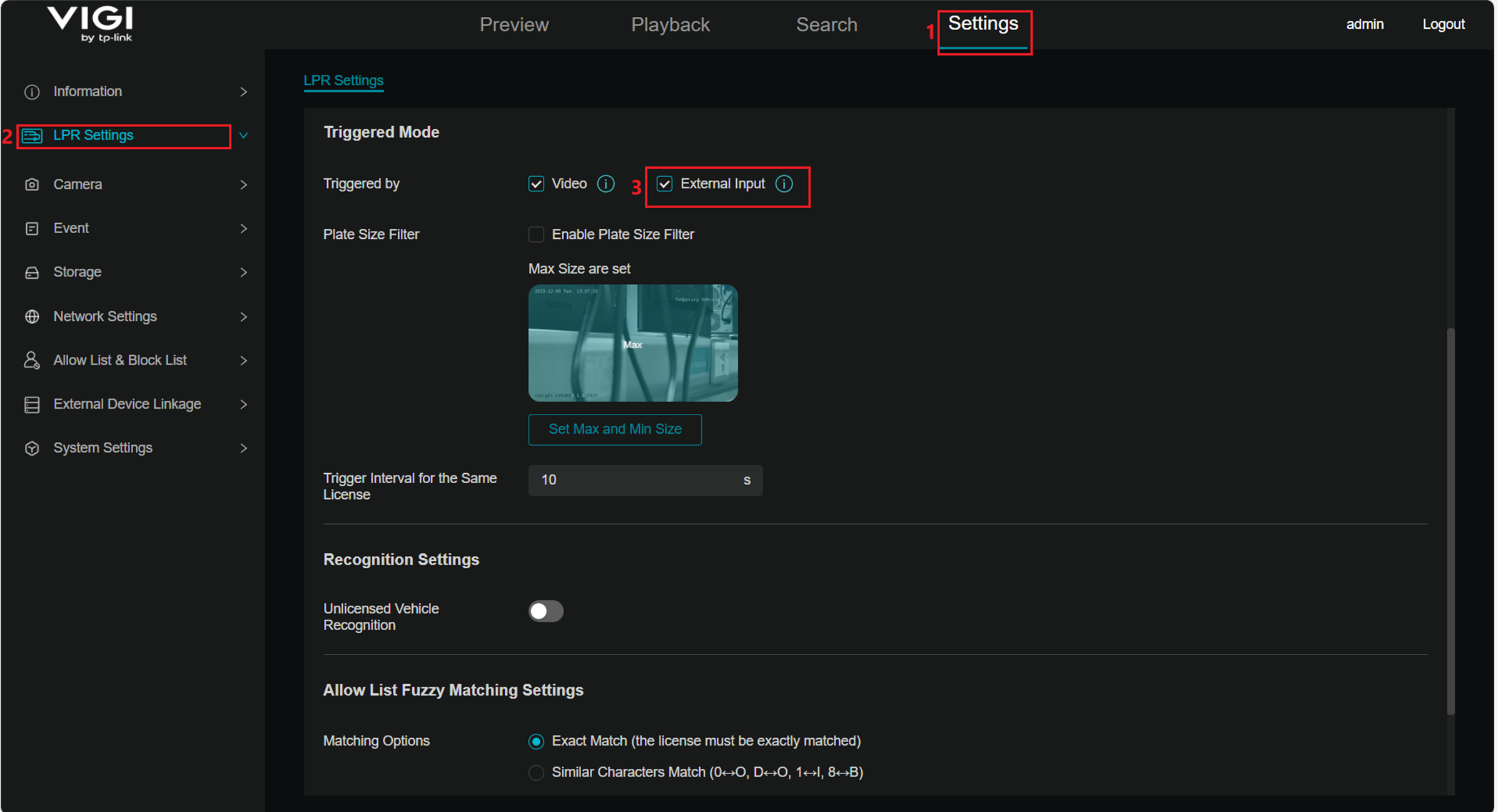 Show LPR settings related to External Input.