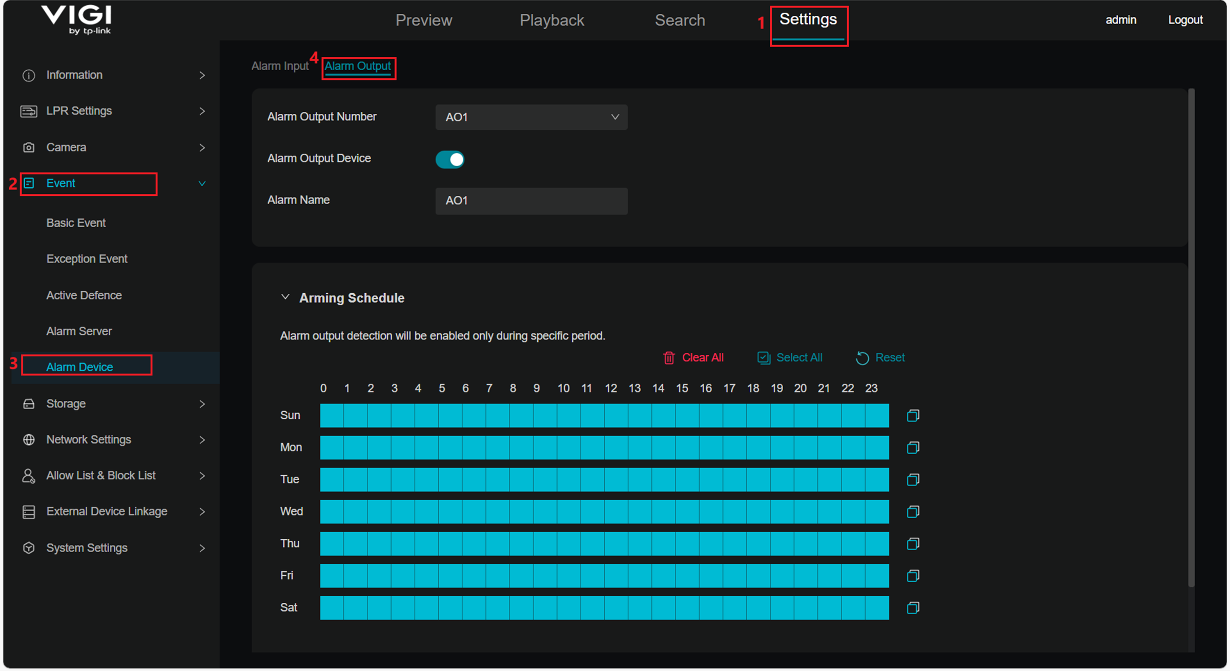 Show path of Alarm Output settings.