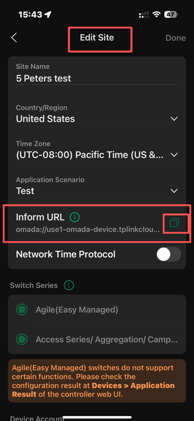 Link where you can copy your Controller site’s URL via APP.