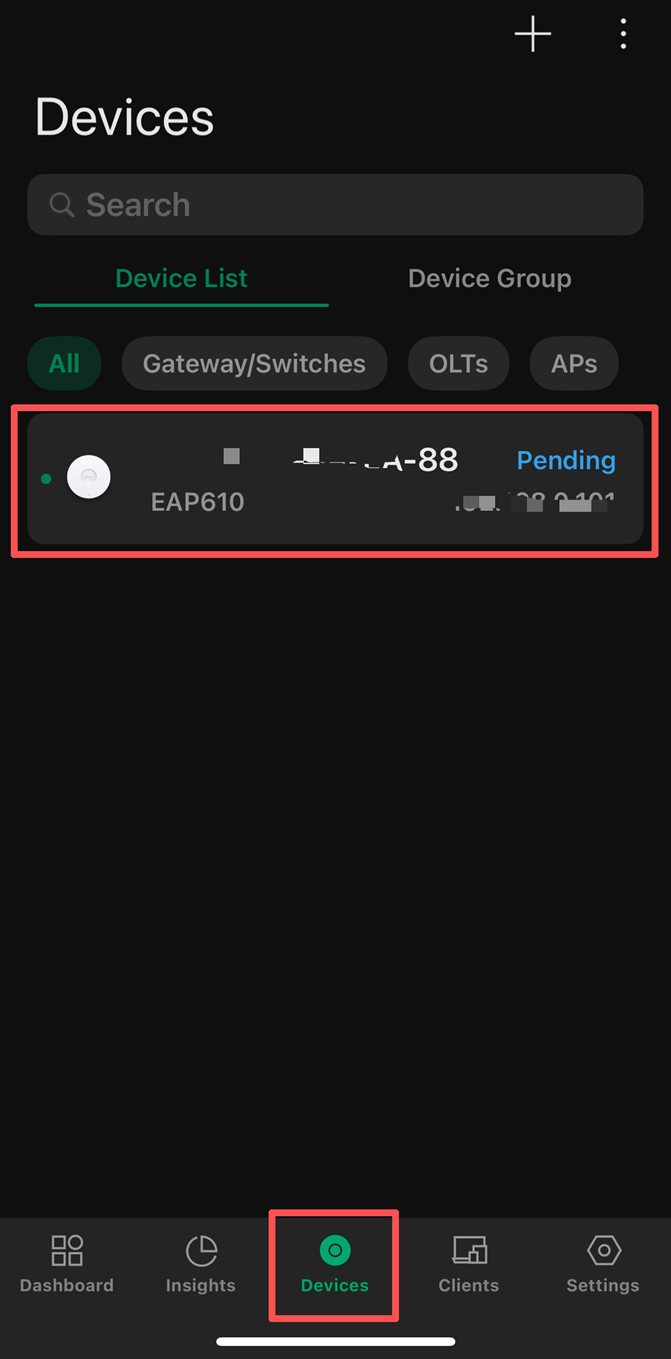Devices list where you can check if the device is found by Omada APP.