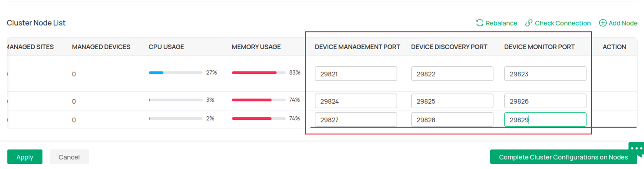 Configure the Device Management, Discovery and Monitor Ports to be identical.