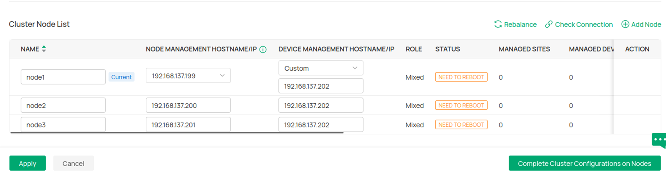 The status of the device showing NEED TO REBOOT status.
